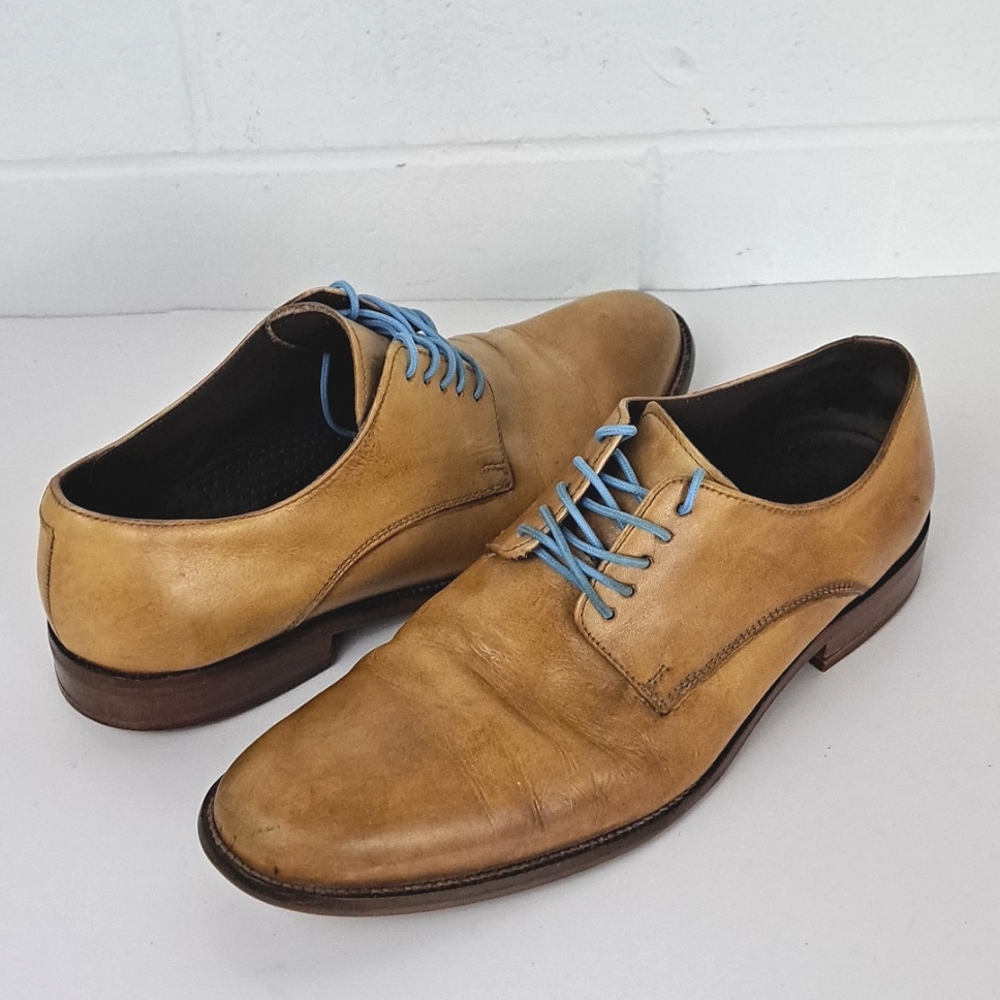 Cole Haan British tan plain toe oxfords baby blue laces sz9